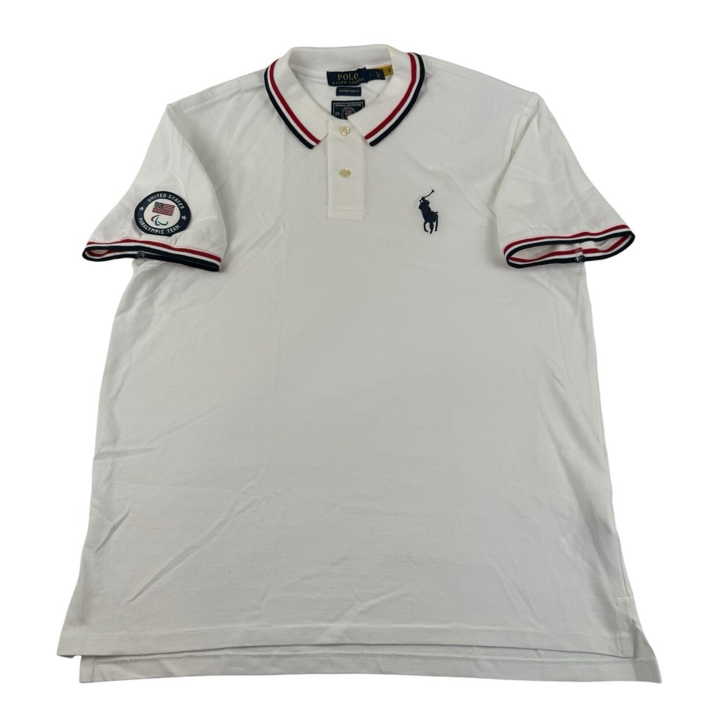 Polo‎ Ralph Lauren White Blue Red Tipped Paralympic Mens Polo Size L NWOT